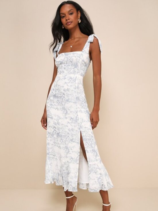 Lulus Dresses & Skirts - Lulus Summer Invite White And Blue Toile Tie-strap Tiered Midi Dress - Size M